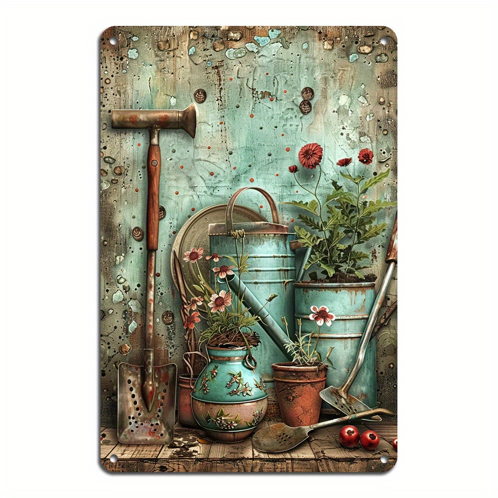 

Vintage Gardening Tools & Potted Plants Metal Sign - 8x12 Inch Retro Wall Art For Home & Garden Decor, Easy Install, Durable Aluminum