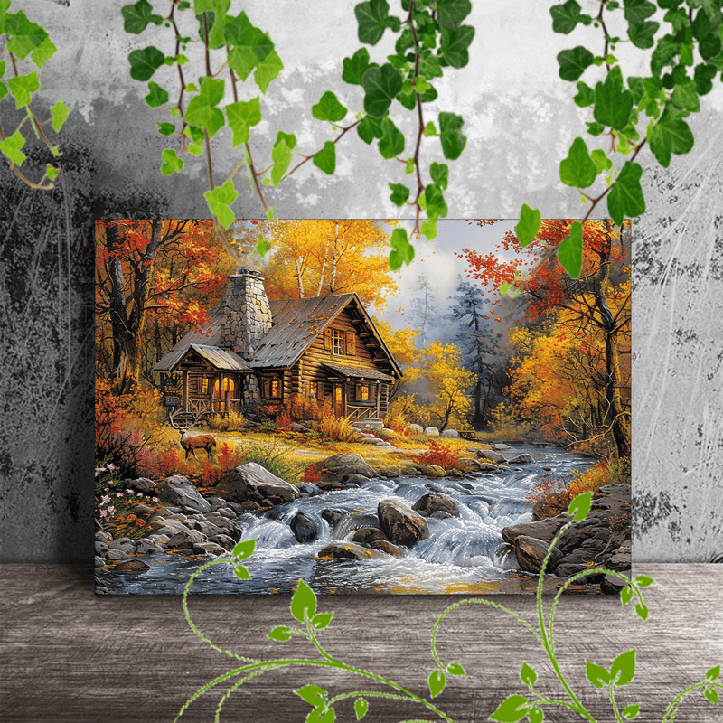 

1pc Wooden Painting, Decorate Log By A Flowing , Surrounded By , , And , Including