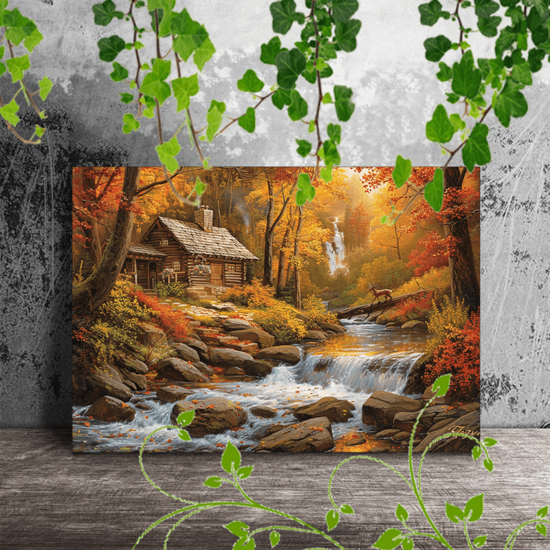 

1pc Wooden Framed Canvas Painting, Home Decorate Cozy Log Cabin By A Flowing Stream, Surrounded By Colorful Autumn Trees, Flowers, And Wildlife, Including Deer (1)