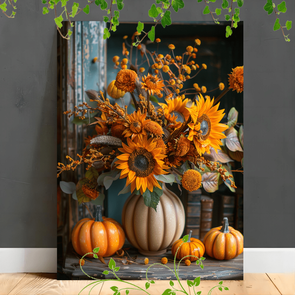 

1pc Wooden Canvas Painting For Office Room Decoration Autumn Arrangement Of Sunflowers And Pumpkins With Orange And Yellow Foliage