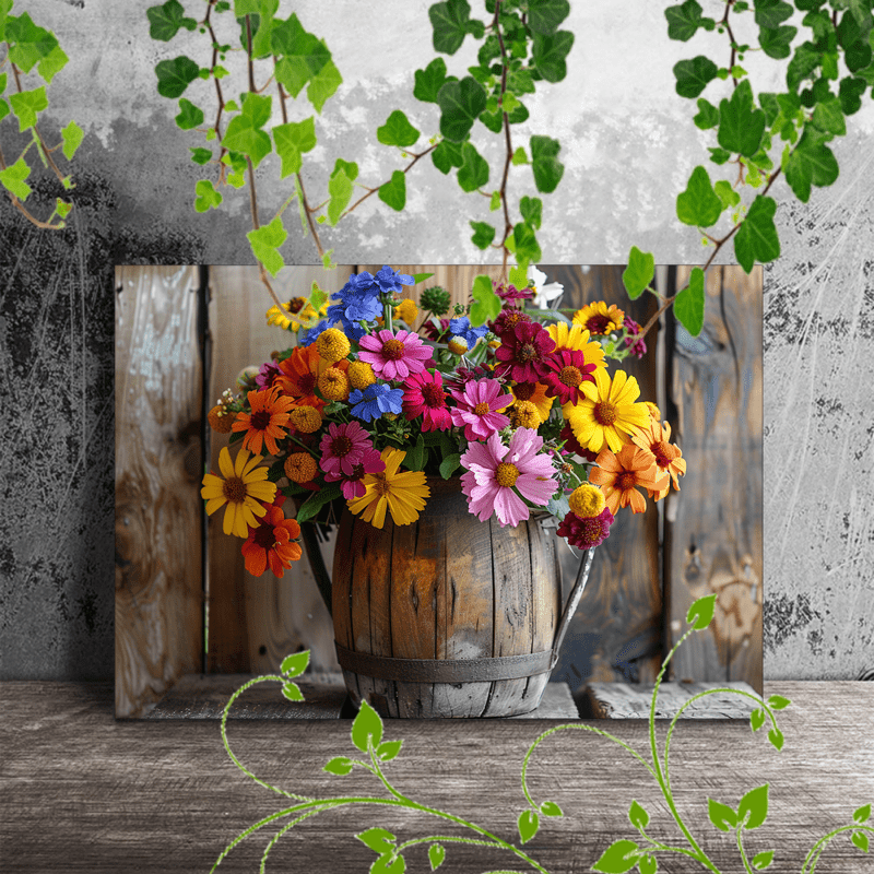 

1pc Wooden Framed Canvas Painting For Office Corridor Home Living Room Decoration Bright Bouquet Of Colorful Flowers In A Wooden Jug Against A Rustic Wooden Fence.(1)