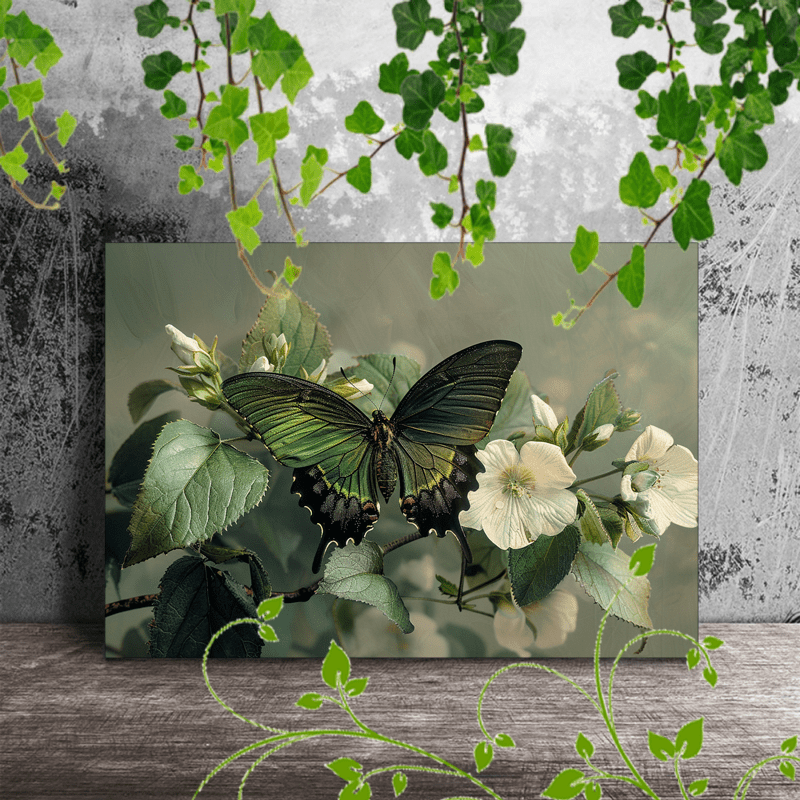 

1pc Wooden Framed Canvas Painting, Home Decorate Green And Black Butterfly Perched On White Flowers With Green Leaves, Set Against A Muted Grey Background