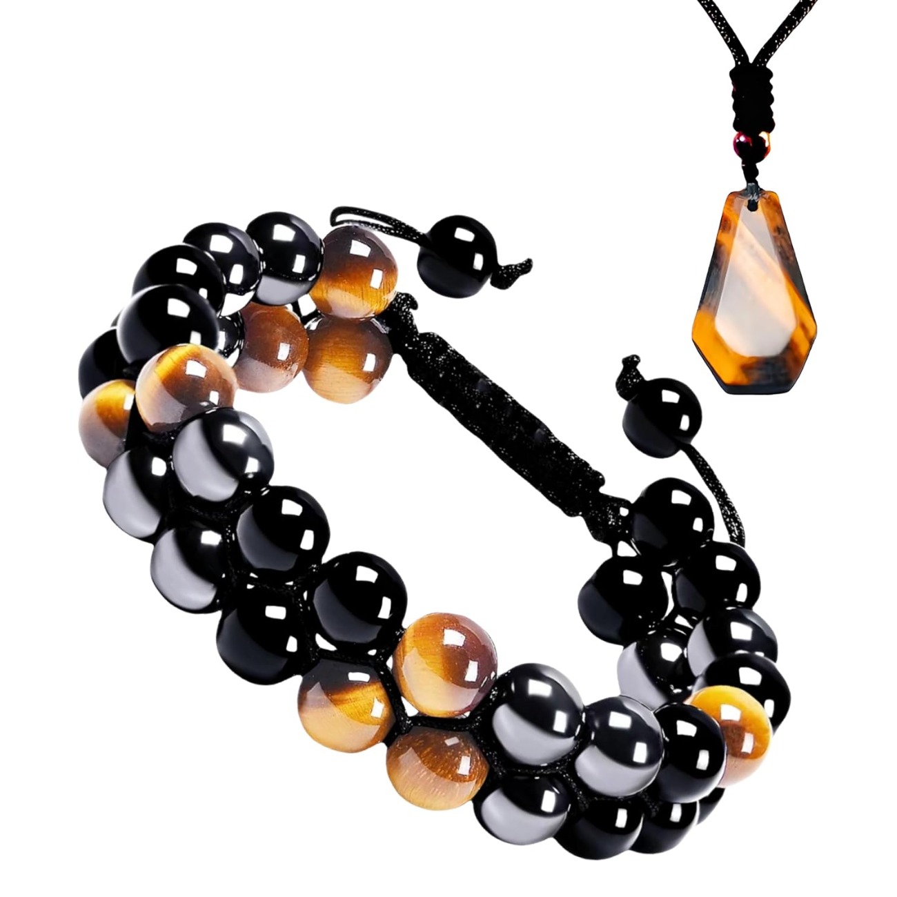 

Bracelet For Men Women, Genuine Tigers Eye And Obsidian 8mm Beads, Handmade Crystal Stone Bracelets (v1-yellow Tiger Eye Set (y&y))