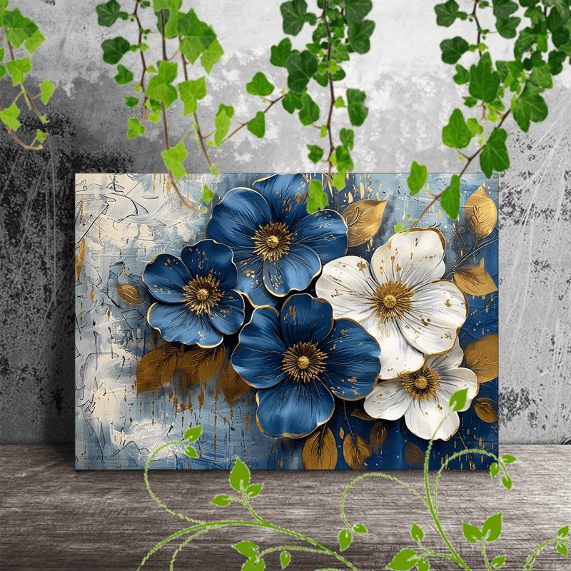 

1pc Wooden Framed Canvas Painting, Home Decorate Large Blue And White Flowers With Gold Accents Against An Abstract, Textured Background (1)