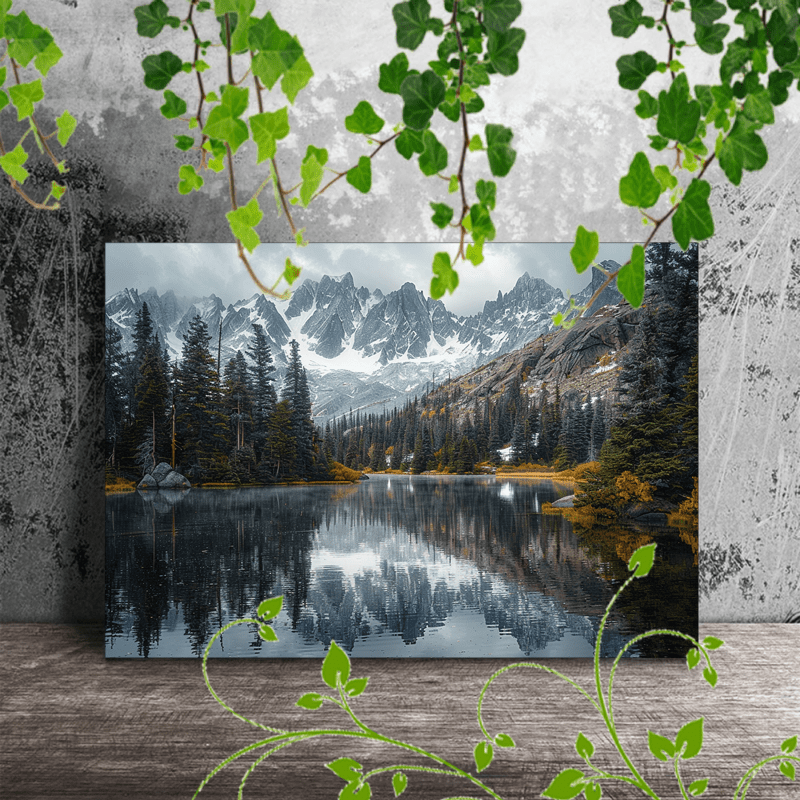 

1pc Wooden Framed Canvas Painting, Home Decorate Majestic Snowy Mountains Reflecting In A Serene Lake, With Tall Evergreen Trees In The Foreground And A Cloudy Sky Above (1)