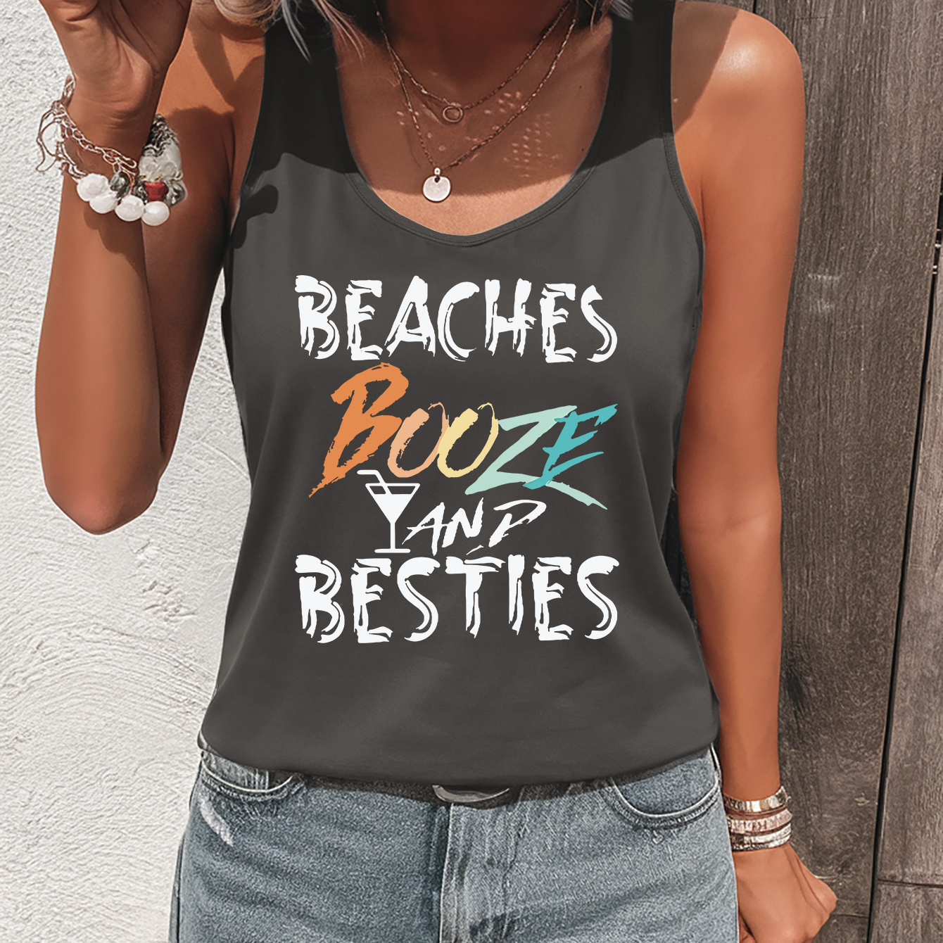 

Print Tank Top, Sleeveless Crew Neck Casual Top For Summer & Spring, Women's Clothing