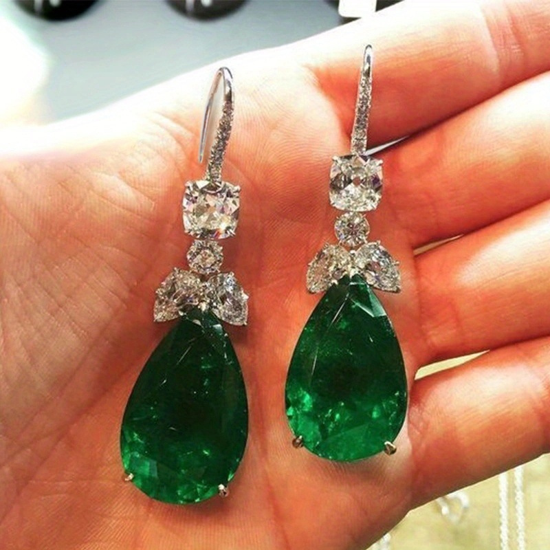 

Exquisite Teardrop Shape Green Gemstone 925 Silver Plated Hook Dangle Earrings For Women Bridal Wedding Earrings Jewelry