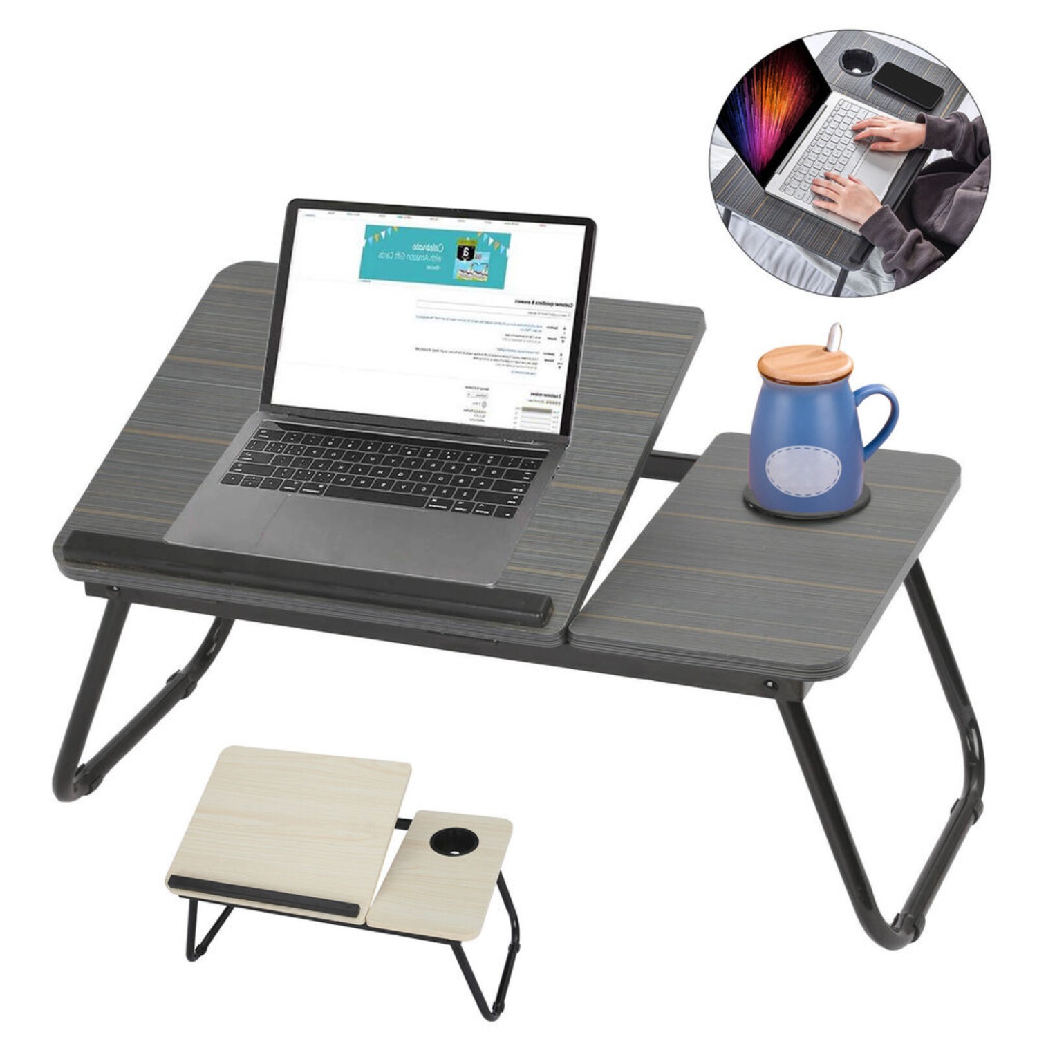 

Versatile Folding Laptop Desk - 21.6"x12.6"x9.8" With Built-in Cup Holder, Waterproof, Contemporary Design For Bed Or Office Use, Under-bed Storage