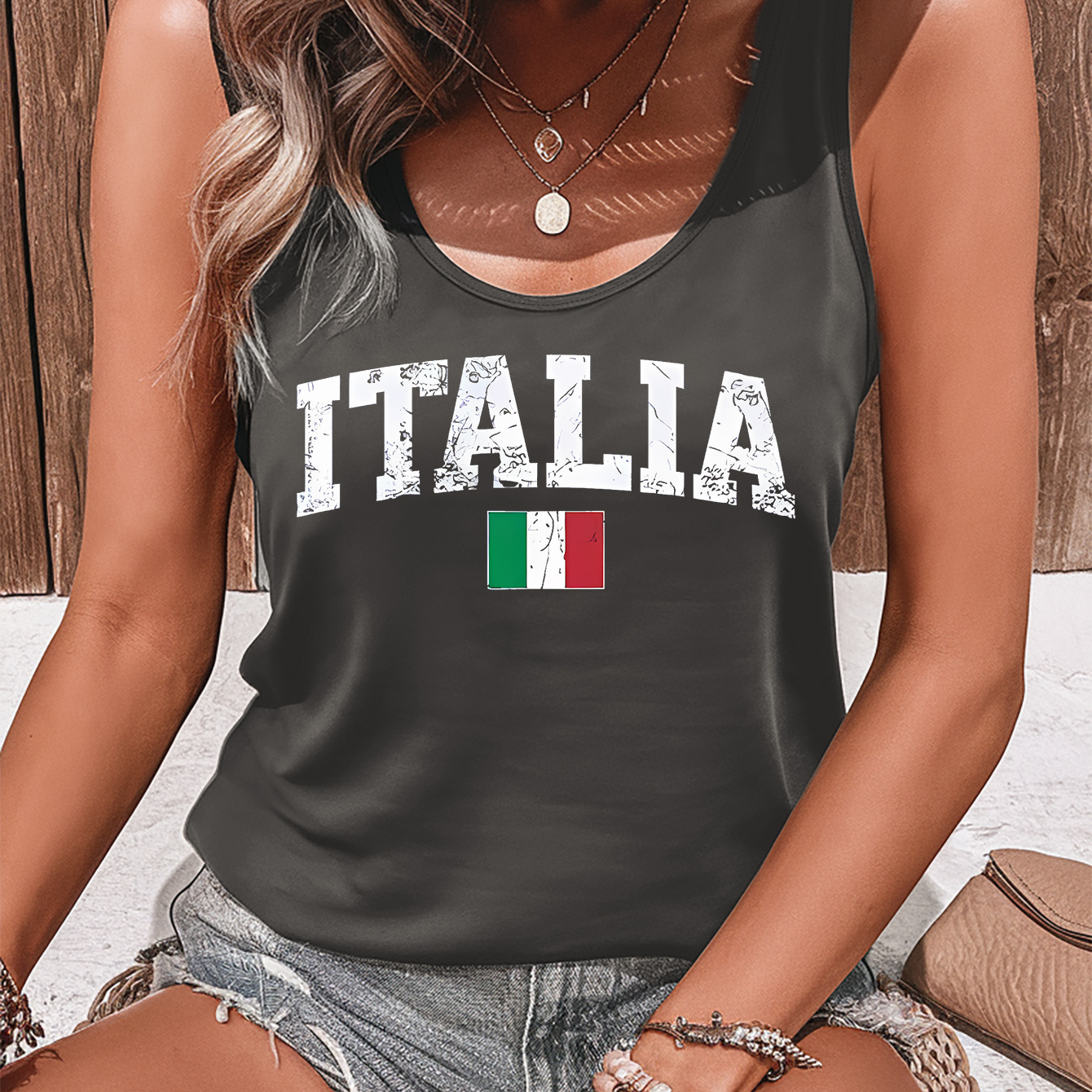 

Italia Print Crew Neck Tank Top, Sleeveless Casual Top For Summer & Spring, Women's Clothing