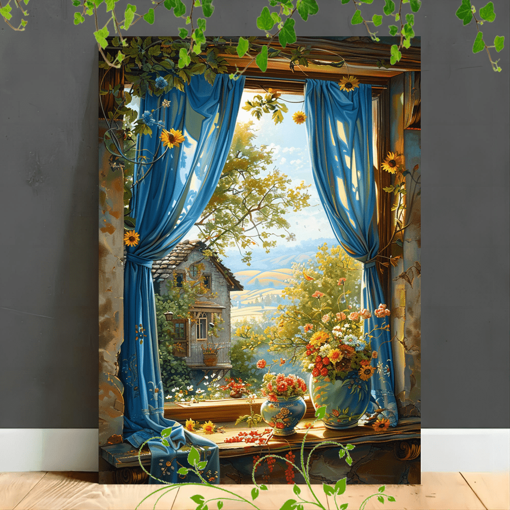 

1pc Wooden Framed Canvas Painting For Office Corridor Home Living Room Decoration Sunny Window With Blue Curtains, A Vase Of Colorful Flowers, And A Scenic View Of A Garden (1)