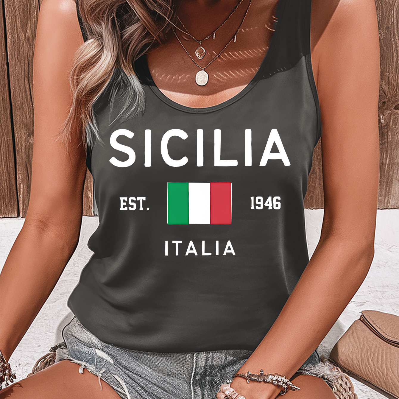 

Sicilia Print Tank Top, Sleeveless Crew Neck Casual Top For Summer & Spring, Women's Clothing