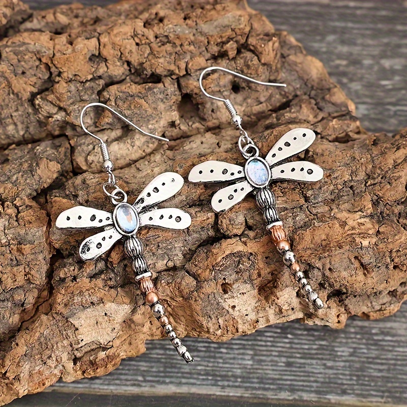 

1pair Retro Charm Dragonfly Glass Dangle Earrings, Shimmering Translucent Design, Hypoallergenic Zinc Alloy With Dazzling Creative And Elegant Gift