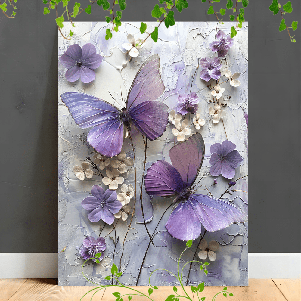 

1pc Wooden Framed Canvas Painting For Office Corridor Home Living Room Decoration 2 Purple Butterflies On A Textured White And Lavender Background With Flowers