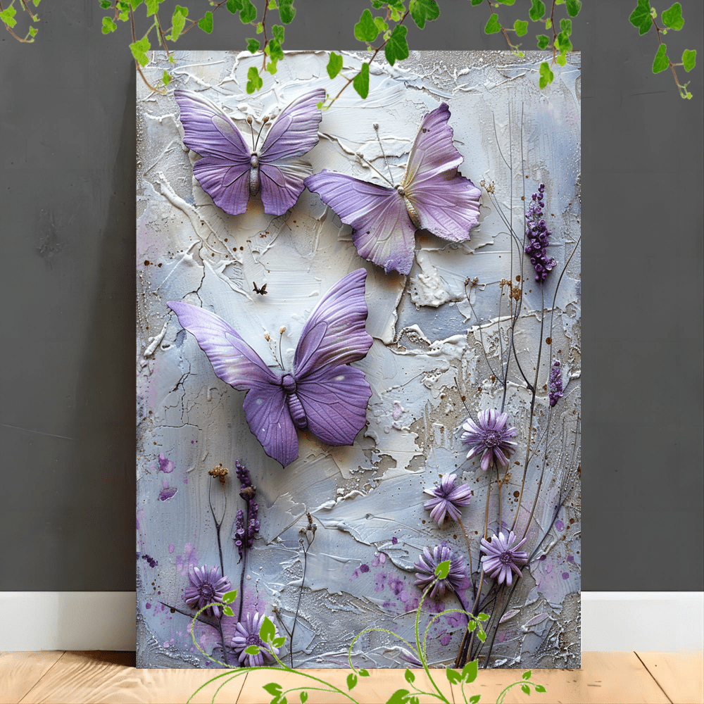 

1pc Wooden Framed Canvas Painting For Office Corridor Home Living Room Decoration 2 Purple Butterflies On A Textured White And Lavender Background With Flowers (1)