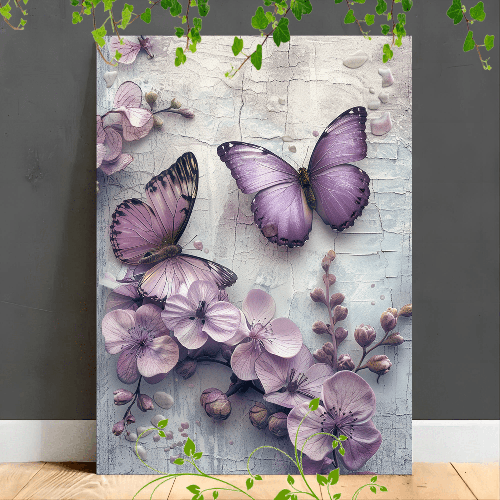 

1pc Wooden Framed Canvas Painting For Office Corridor Home Living Room Decoration 2 Purple Butterflies On A Textured White And Lavender Background With Flowers (3)