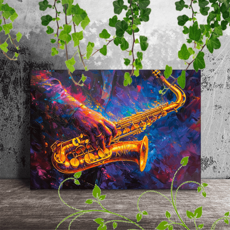 

1pc Wooden Framed Canvas Painting For Office Corridor Home Living Room Decoration Vibrant, Abstract Painting Of Hands Playing A Golden Saxophone With Colorful Light Effects