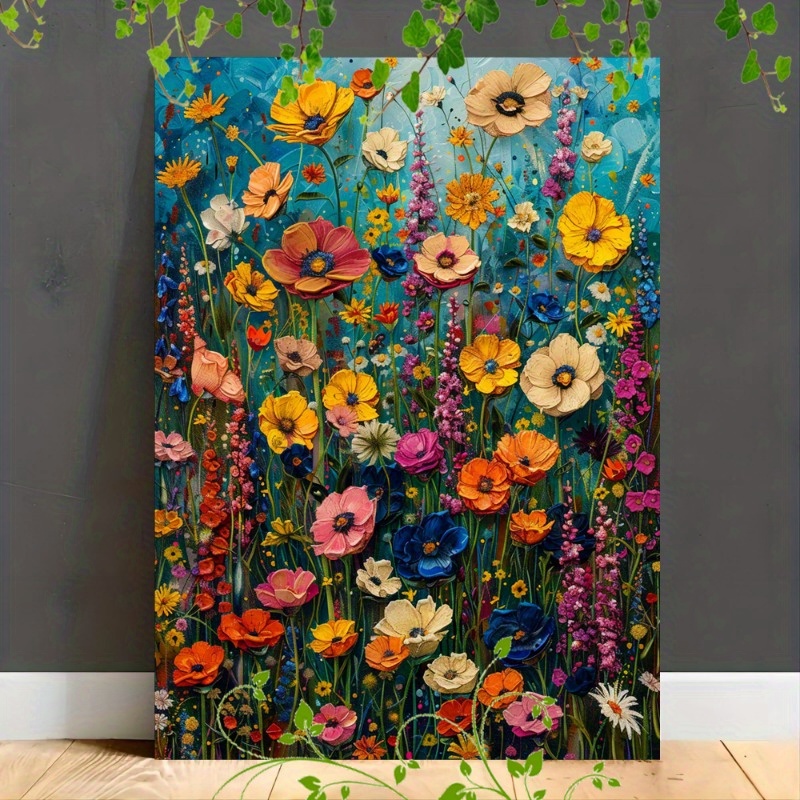 

1pc Wooden Framed Canvas Painting For Office Corridor Home Living Room Decoration Vibrant Field Of Multicolored Flowers In Full Bloom
