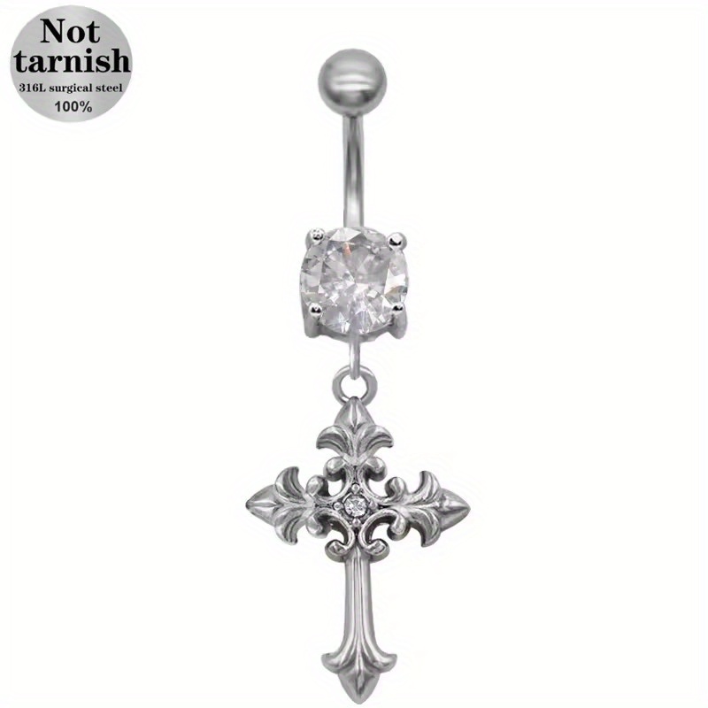 Image of 1pc Stainless Steel Fashionable Moon And Cross-shaped Navel Ring, Inlaid With Sparkling Synthetic Synthetic Zirconia, Y2k/vintage Style For Women