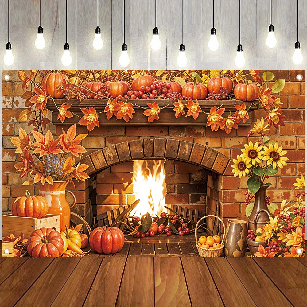 

Photography Backdrop - Polyester, Fireplace & Maple Leaf Design With Pumpkin And Sunflower Accents For Thanksgiving, Family , And Photo Booths