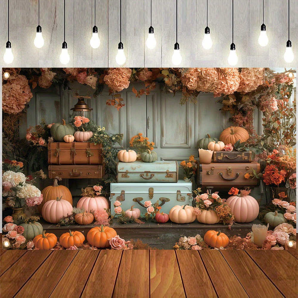 

1pc, Autumn Photography Backdrop Fabric, Polyester, Travel Suitcase Pumpkin Floral Pattern, Family Party Banner, Thanksgiving Party Supplies Farm Harvest Portrait Photo Booth Props