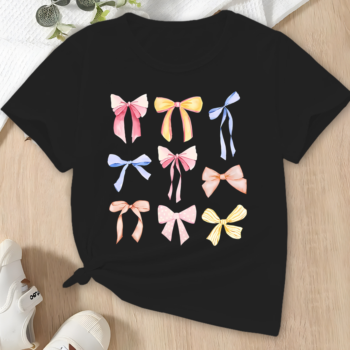 

Girls Summer Casual Fashion Bow Printed T-shirt Top, Short Sleeves, Round Neck, Comfort Fit - Youthful Style