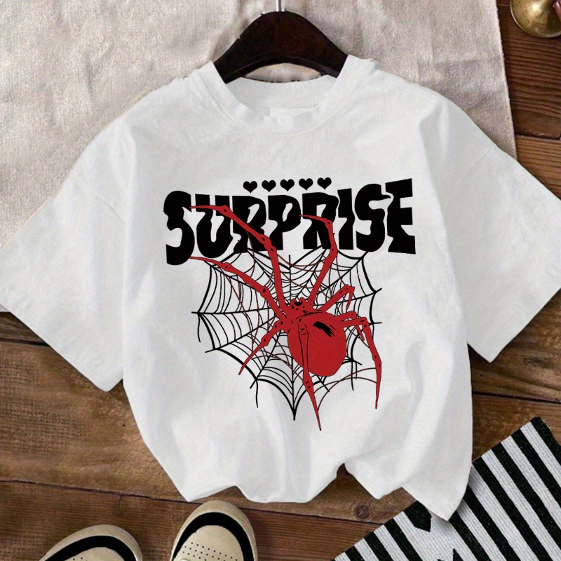 

surprise" & Spider Graphic Print Creative T-shirts, Soft & Elastic Comfy Crew Neck Short Sleeve Tee, Girls' Summer Tops