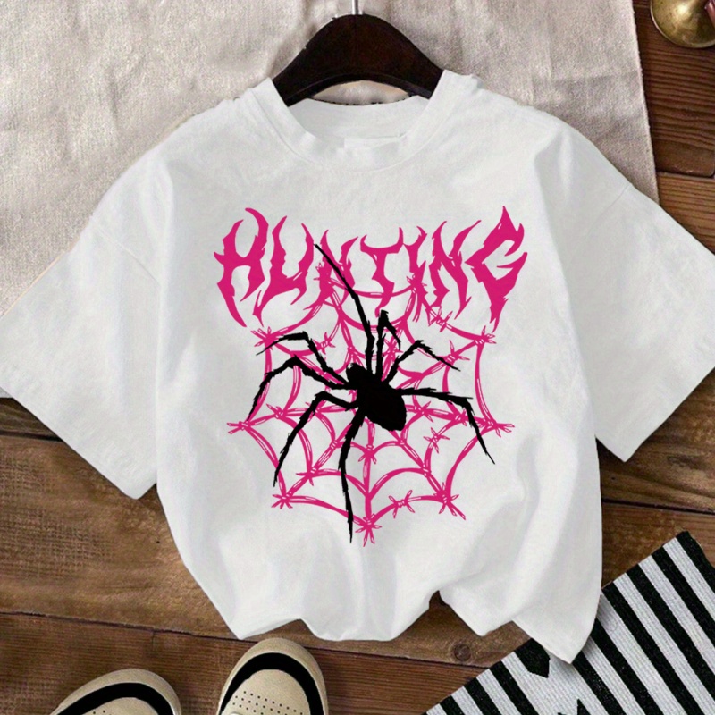 

Spider Graphic Print Creative T-shirts, Soft & Elastic Comfy Crew Neck Short Sleeve Tee, Girls' Summer Tops