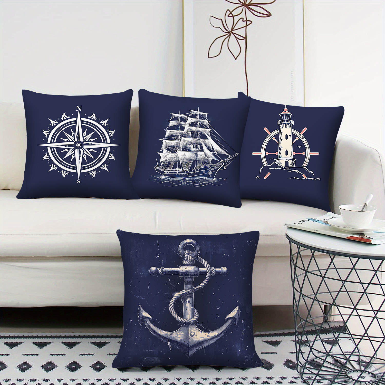 

Nautical Charm 4-piece Pillow Cover Set - Navy Blue, Coastal Anchor & Lighthouse Designs For Home Decor, Includes Zippered Cushion Covers For Sofa & Bed