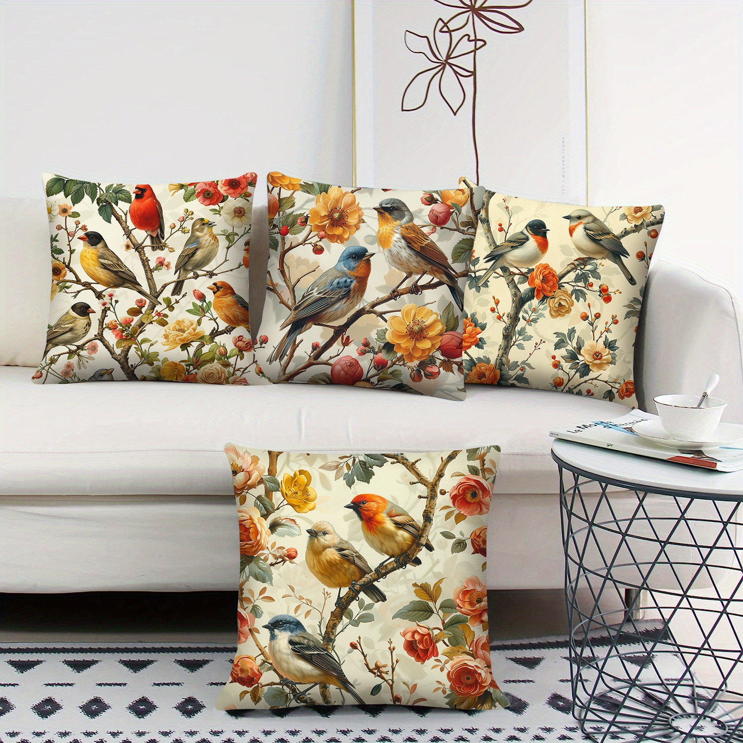 

Set Of 4 Decorative Pillow Covers With Winter Birds And Floral Pattern, 100% Polyester Woven Contemporary Style, Zippered Throw Pillow Cases For Various Room Types, Machine Washable - 18x18 Inch