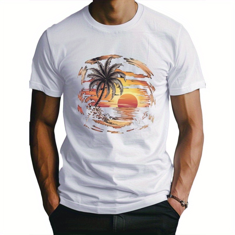 

Tropical Beach Sunset Illustration Fitted Men's T-shirt, Sweat-wicking And Freedom Of Movement