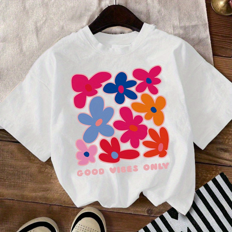 

Flower Graphic Print Creative T-shirts, Soft & Elastic Comfy Crew Neck Short Sleeve Tee, Girls' Summer Tops