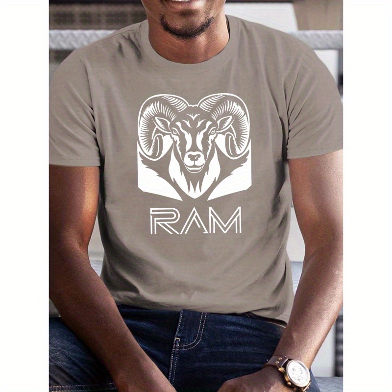 

Ram's Head Illustration Pattern Print Tee Shirt, Tees For Men, Casual Short Sleeve T-shirt For Summer
