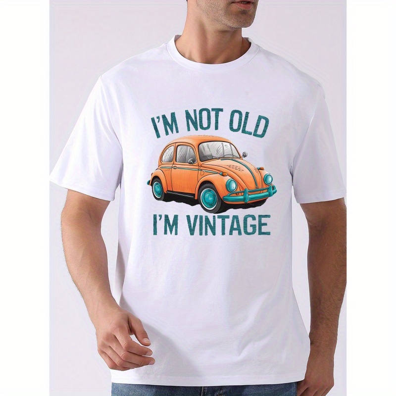 

Vintage Car Print Tees For Men, Casual Crew Neck Short Sleeve T-shirt, Comfortable Breathable T-shirt