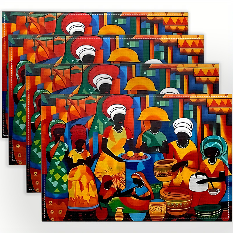 

Set Of 4 African Art Print Placemats - 100% Linen Woven Table Mats, Heat-resistant Non-slip Rectangle Dining Table Pads, Machine Washable For Kitchen And Home Decor