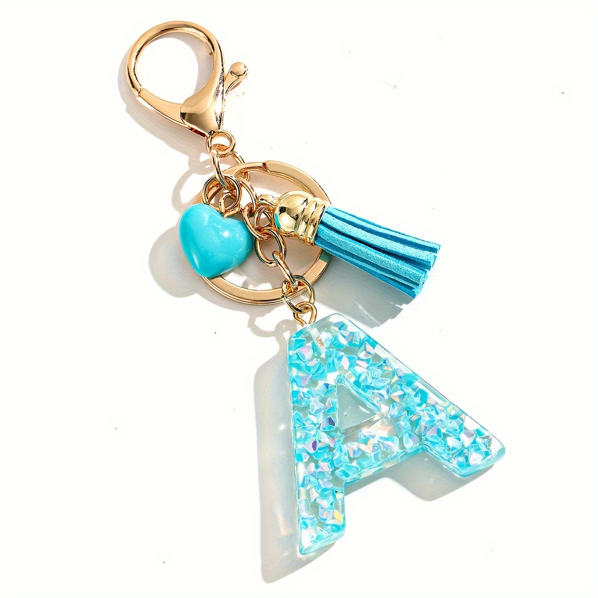 

Chic Blue Glitter Alphabet Keychain With Heart Charm - Sparkling Resin Initial, Perfect Gift For Women & Girls, Stylish Bag Accessory