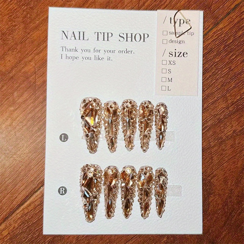 TEMU 10pcs Full Diamond Heavy Golden Full Diamond Bridal Nail Handmade Wearing Nail Luxury Press Fake Nail Suitable For Party For Party Travel Date