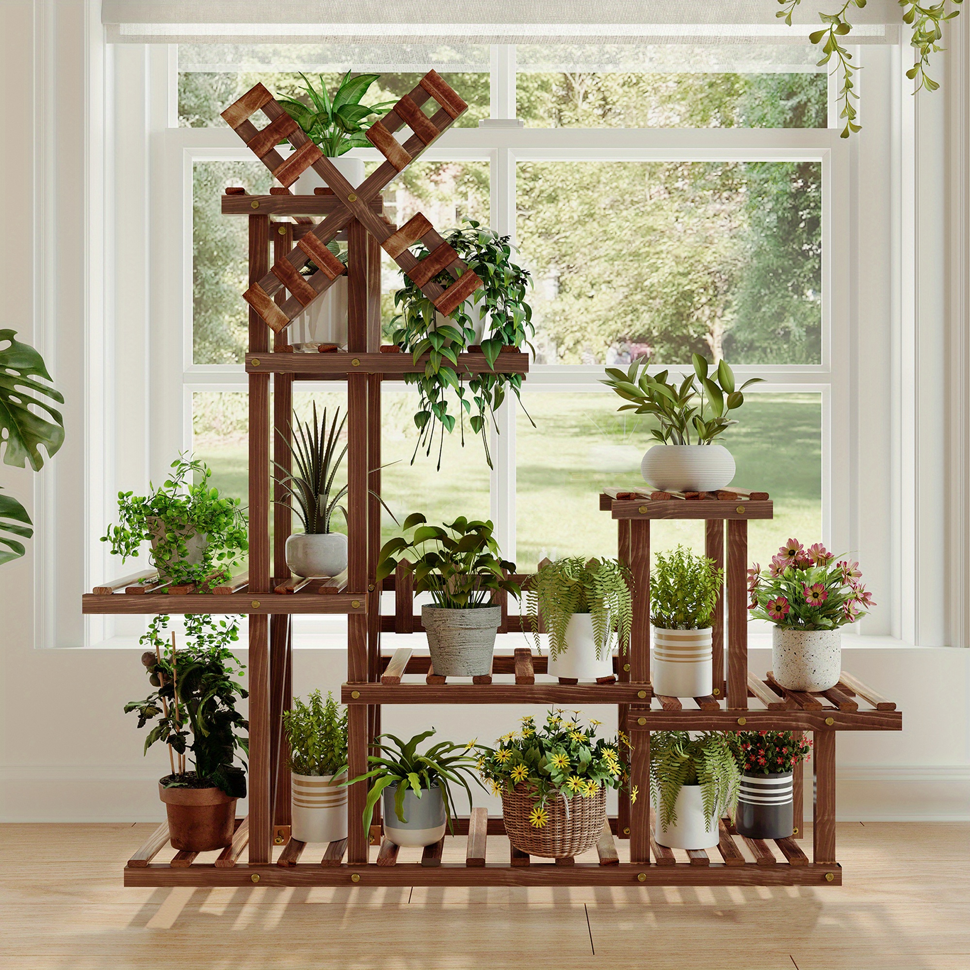 

1 Set Without Wheels, Windmill Plant Rack, Living Room Rack, Wooden Outdoor Plant Rack, Indoor Multiple Plants, , Garden, Large House, Free Gloves And Wooden Hammer (without Wheels E-2)