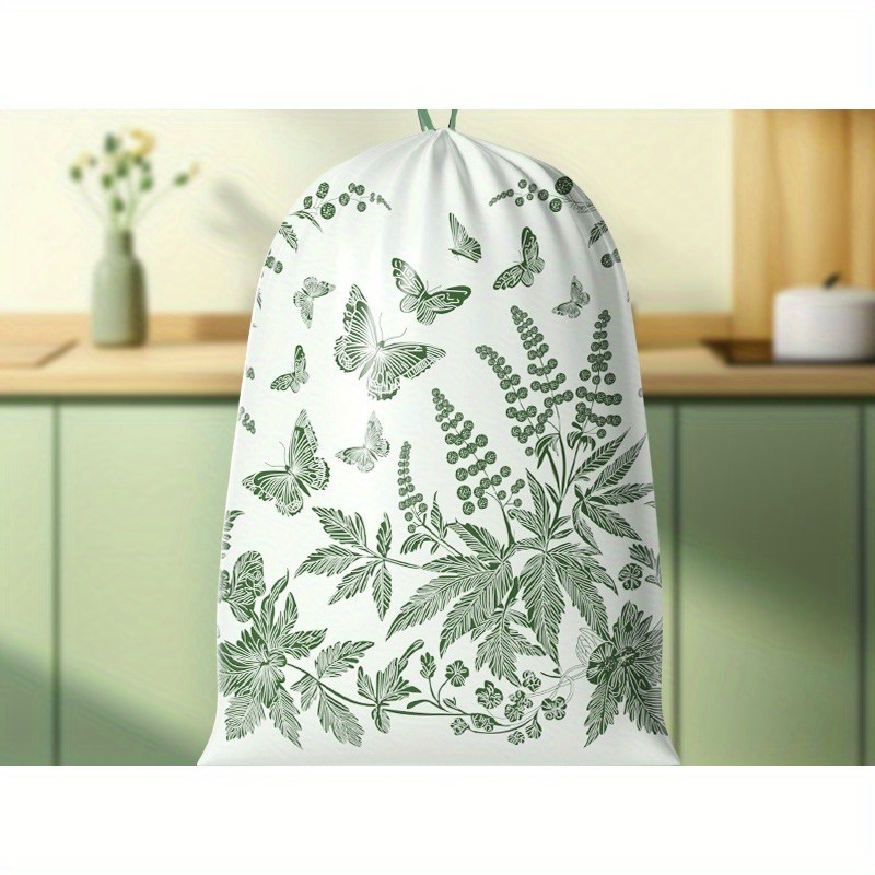 

Extra Large Multipurpose Disposable Trash Bags With Drawstring, Botanical & Butterfly Print, Thick Vinyl Material For Living Room, Home & Kitchen Use - Heavy Duty Waste Bag Pack