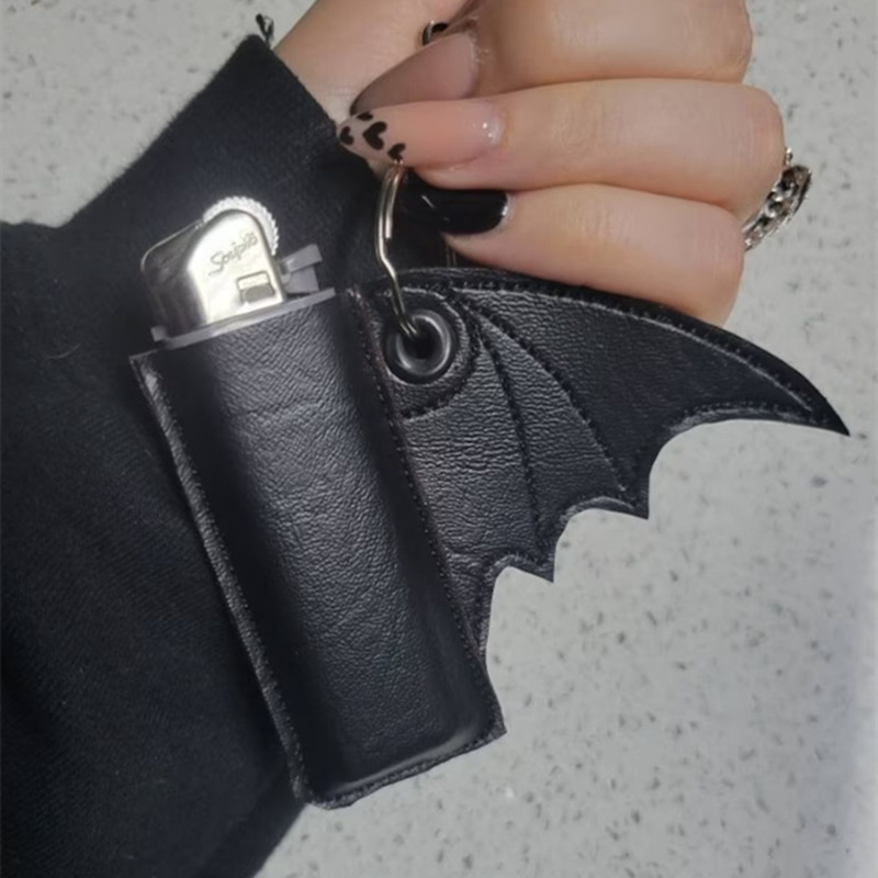 

Pvc & Ps Material Black Bat-wing Design Vegan Leather Lighter Case With Keychain Closure