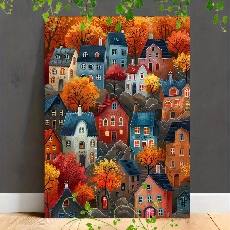 

1pc Wooden Framed Canvas Painting, Whimsical, Colorful Village With Narrow, Winding Streets And Vibrant Autumn Trees, Featuring Unique, Buildings