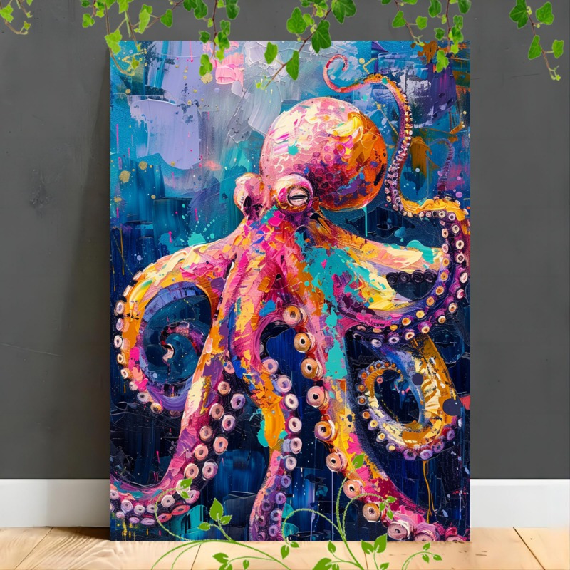 

1pc Wooden Framed Canvas Painting, Home Decorate Vibrant Octopus In An Abstract Underwater Scene, Painted With Vivid , Purple, And Pink (1)