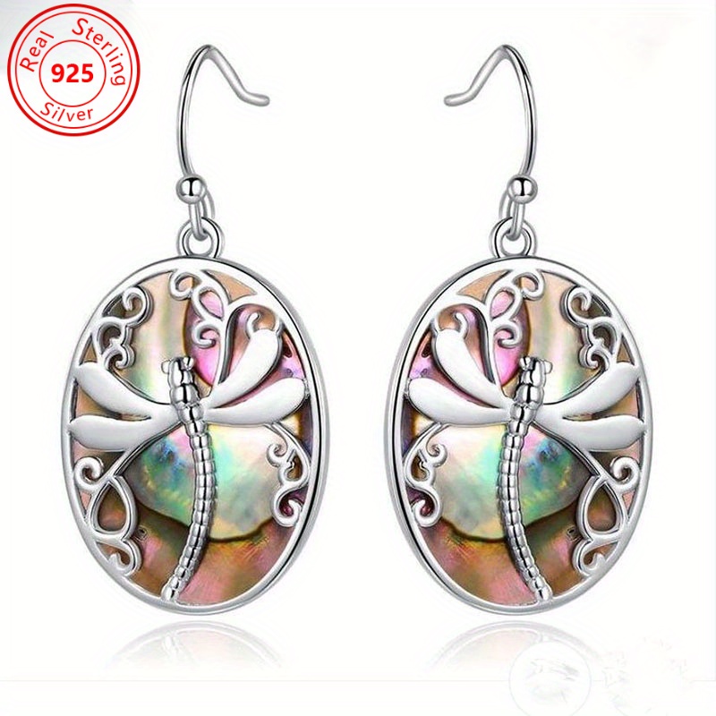 TEMU A Pair Of S925 - Low Allergy - Retro Carved Dragonfly Shell Earrings - Bohemian Pendant - Complex Oval Commemorative Jewelry Perfect Female Gift