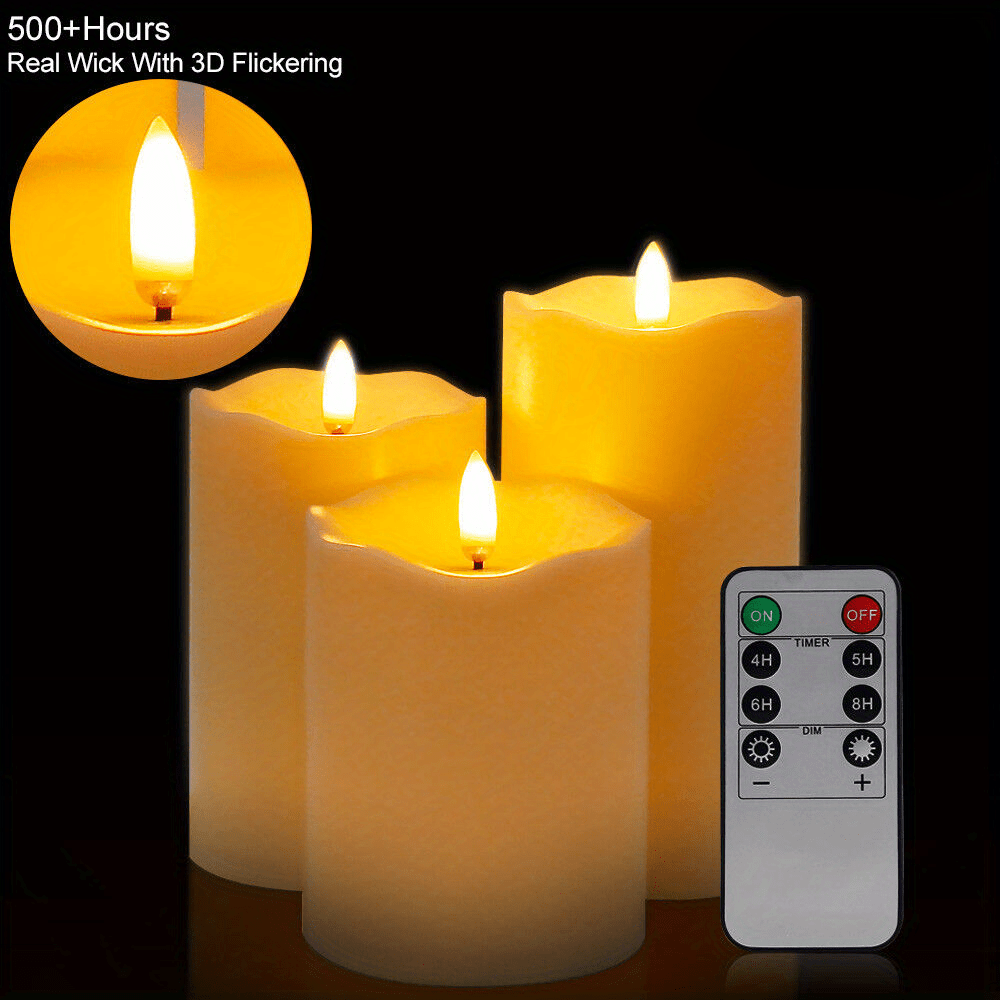 

3pcs Led Candle Lights W/remote Control Plastic Pillar Dancing Flameless W/timer