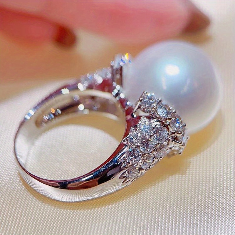 

Exquisite Fashion Elegant Light Luxury Style Shiny Full Zirconia Pearl Ring Women's Ring Perfect Gift For Girls And Women