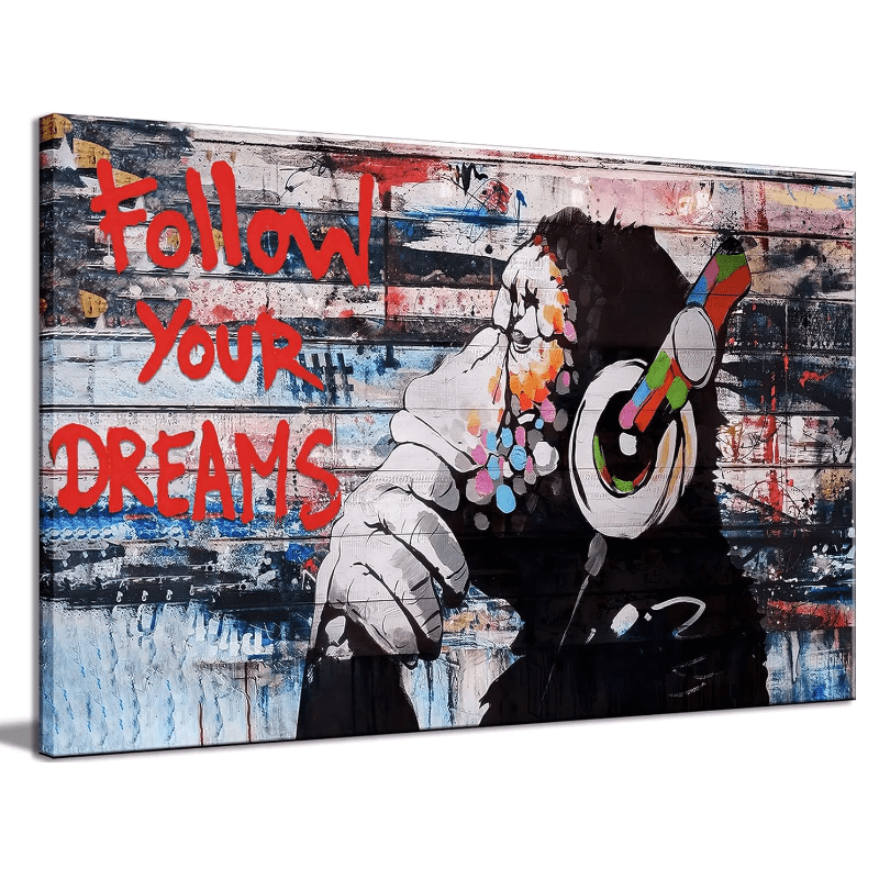 

Framed Banksy Canvas Wall Art Follow Your Dreams Monkey Poster With Headphones Prints Street Painting Picture Man Cave Wall Decor Pop Art For Living Room Ready To Hang Wooden Frame - Thickness 1.5inch