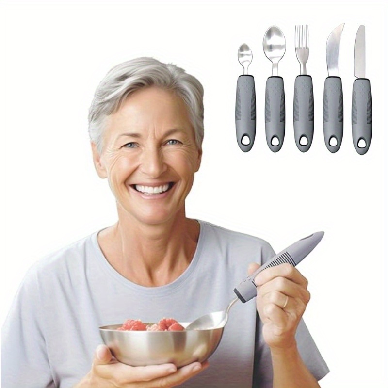 

5-piece Adaptive Dinnerware Set For Elderly With Hand , Arthritis - Lightweight Stainless Steel Eating Utensils With Non-slip Plastic Handles - Anti-shake Large Spoon, Fork, And Knives Combo