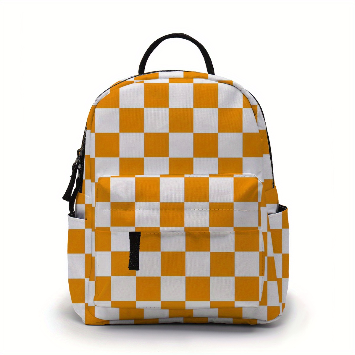 

Women's Polyester Mini Backpack, Orange Checkered Pattern, Small Fashionable Campus Bookbag