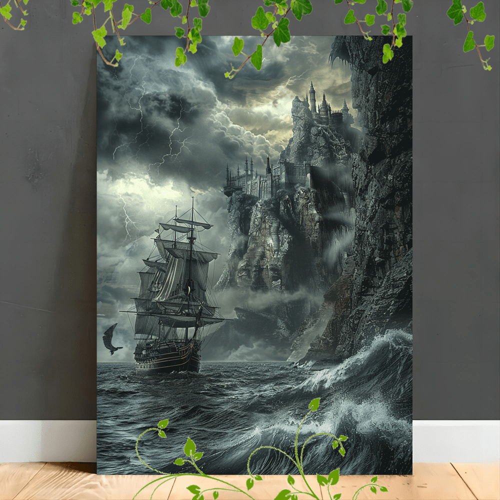 

1pc Wooden Framed Canvas Painting, Home Decorate A Dramatic Scene Of A Pirate Ship Sailing Through Stormy Seas Towards A Foreboding, Island With A -looking Fortress Under A Dark, Cloudy