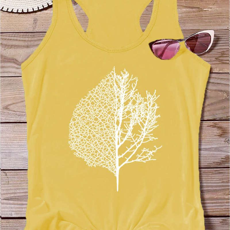 

Leaf Print Casual Vest T-shirt, Round Neck Racer Back Fashion Sports Tank Top, Women's Activewear