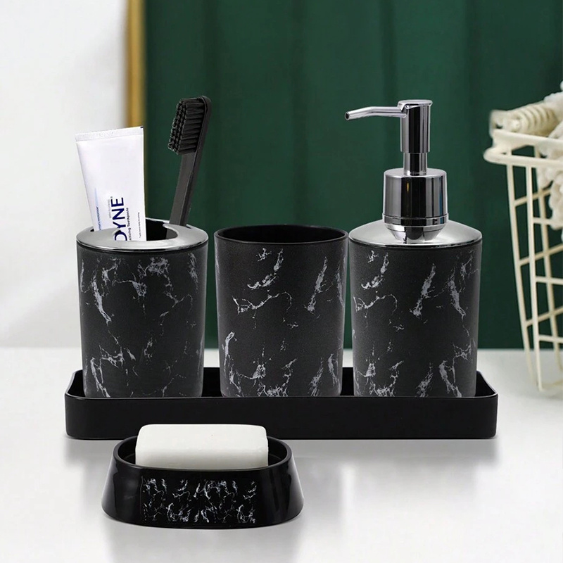 

5pcs Pattern Bathroom Set - Plastic Toothbrush , Dispenser, Dish,